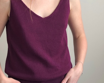 Organic cotton sleeveless fruit color top. Blueberry deep v neck crop tank top. Summer hand knit womens camisole. Linen knit tops for women