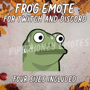 Puede incluir: Emoticono de rana verde con ojos grandes y una expresión de sorpresa. El texto "FROG EMOTE FOR TWITCH AND DISCORD" está por encima de la rana y el texto "FOUR SIZES INCLUDED" está por debajo de la rana.