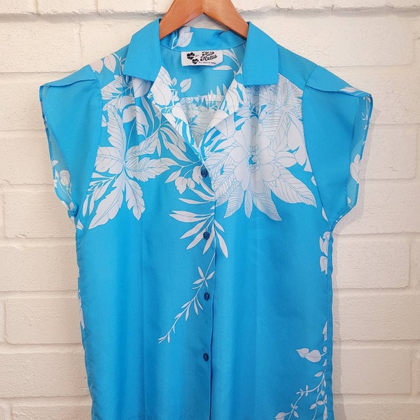 Vintage Tropical Print Hawaiian Blouse, Red 50s Style Notch Collar Shirt
