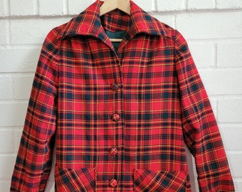 70s Vintage Red Plaid Chore Jacket, Red Tartan,  Long Lapel, Wool