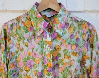 70s Vintage Poppy Flowers Button Up Shirt, Floral Print, Watercolor, Long Lapel, Medium