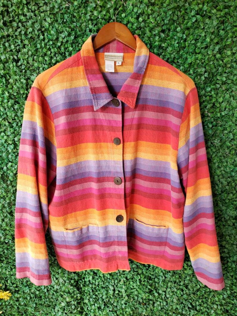 Vintage Rainbow Linen Jacket Desert Sunset 90s Vintage Color-block Multicolor Lightweight Jacket