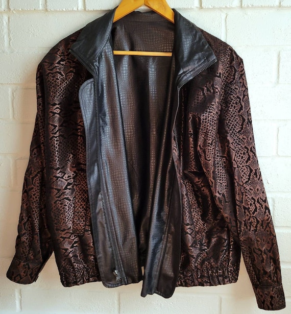 Vintage Bomber Jacket, Reversible Silk and Velvet Snakeskin Pattern, Women's Medium