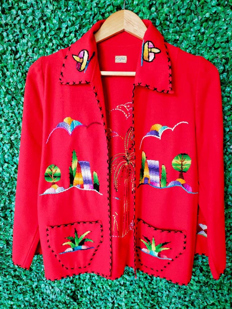 Red Wool Jacket 1940s Vintage Mexican Jacket Tourist Jacket Rainbow Embroidered