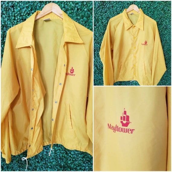 70s Vintage Yellow Windbreaker, Red Mayflower Print, Super Light Jacket, XL