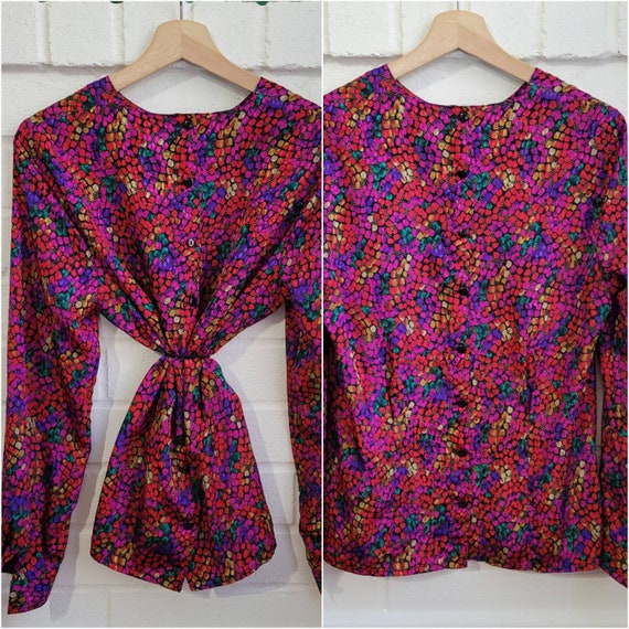 Vintage Rainbow Fish Blouse, Glowing Colorful, Button Down Back, Long Sleeves