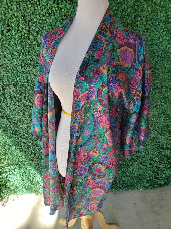 Vintage Silk Robe, Floral Kimono, 80s Baroque - image 8