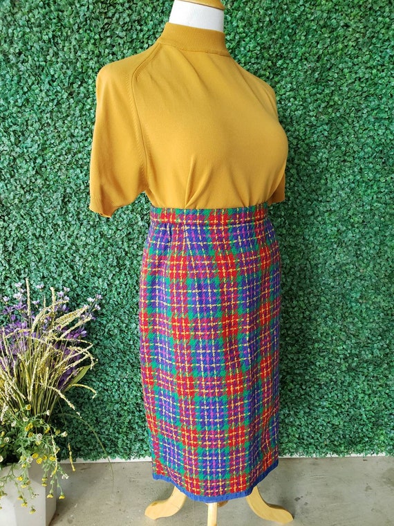 Vintage Tweed Pencil Skirt, Multicolor Plaid, Colorful