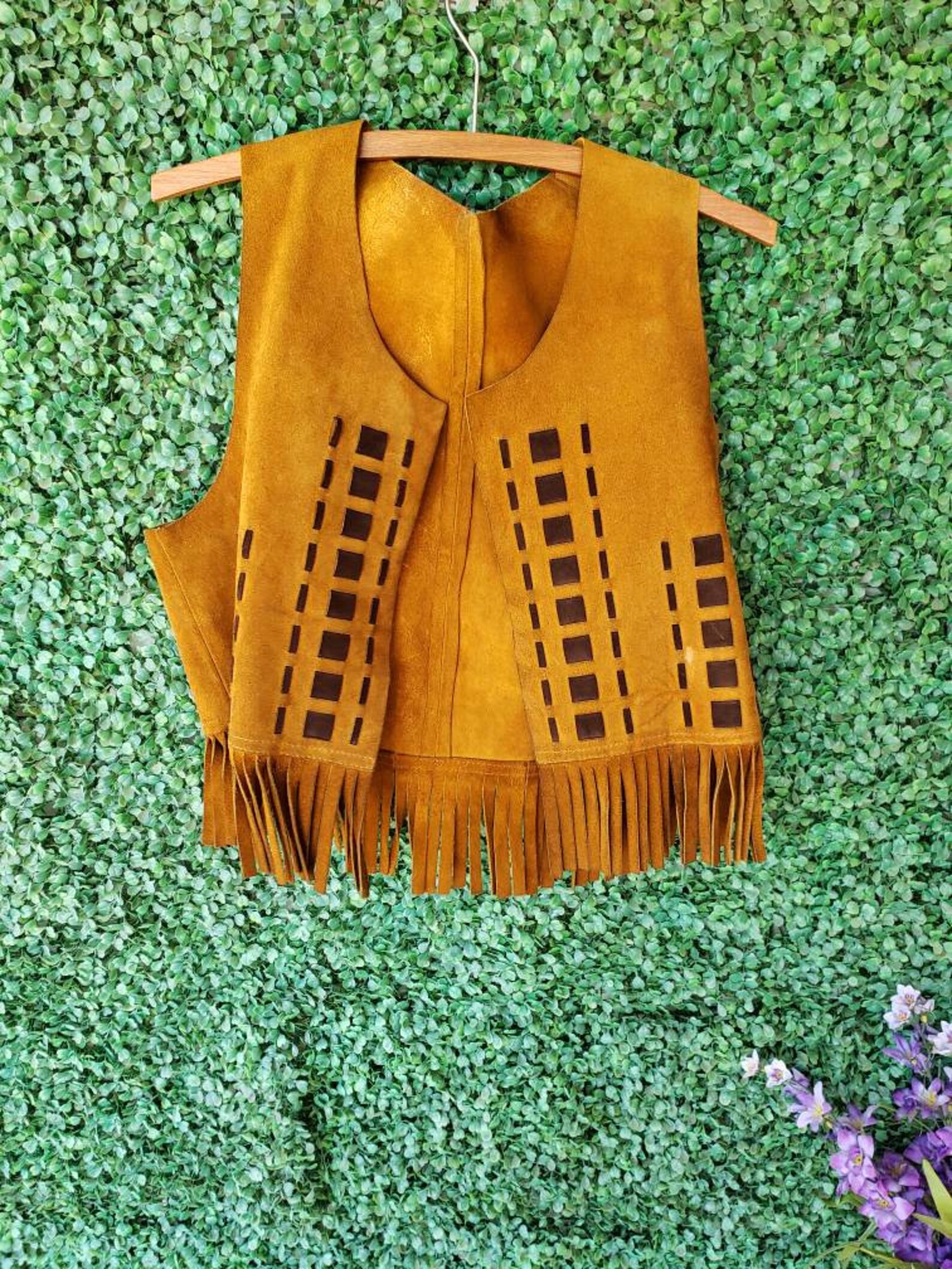 Vintage Western Vest Geometric Pattern Suede Leather Fringe Etsy