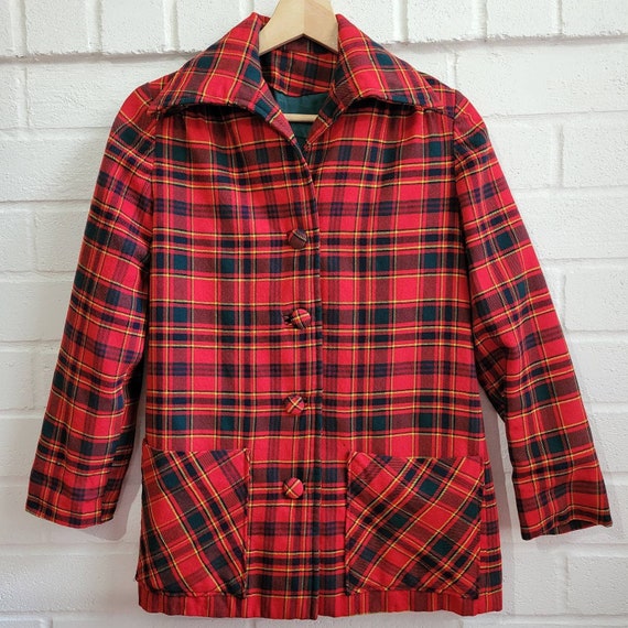70s Vintage Red Plaid Chore Jacket, Red Tartan,  Long Lapel, Wool