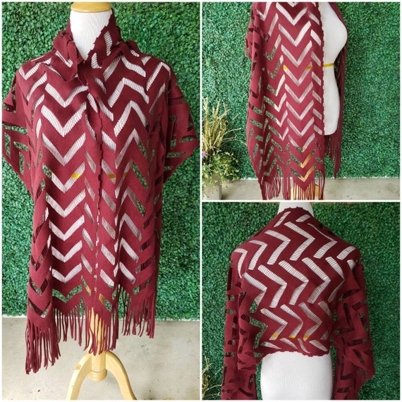 Vintage Wool Scarf, Chevron Lace, Burgundy, Made in Italy