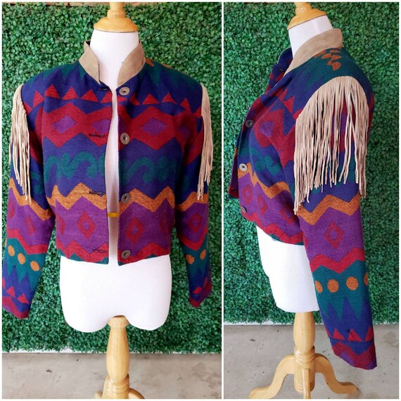 Vintage Colorblock Jacket with suede fringe, Azrec Western Multicolor Geometric Print Jacket