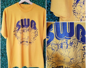 80s Vintage Softball T-Shirt, Sisters with Bats, Gold, Yellow, Single Stitch