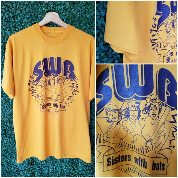 80s Vintage Softball T-Shirt, Sisters with Bats, Gold, Yellow, Single Stitch