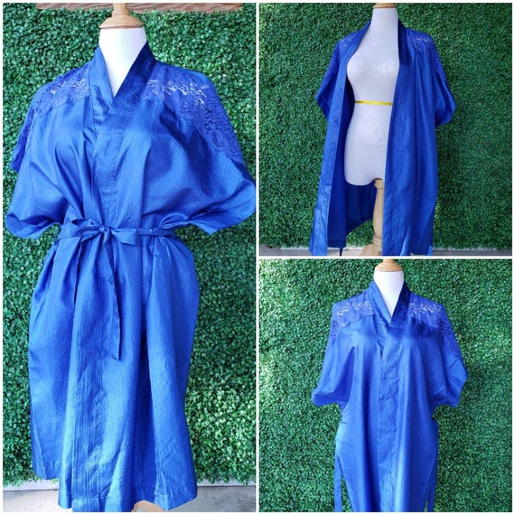 Vintage Lace Kimono, Cobalt Blue Kimono Robe, Electric Blue Vintage Lingerie, Sleepwear