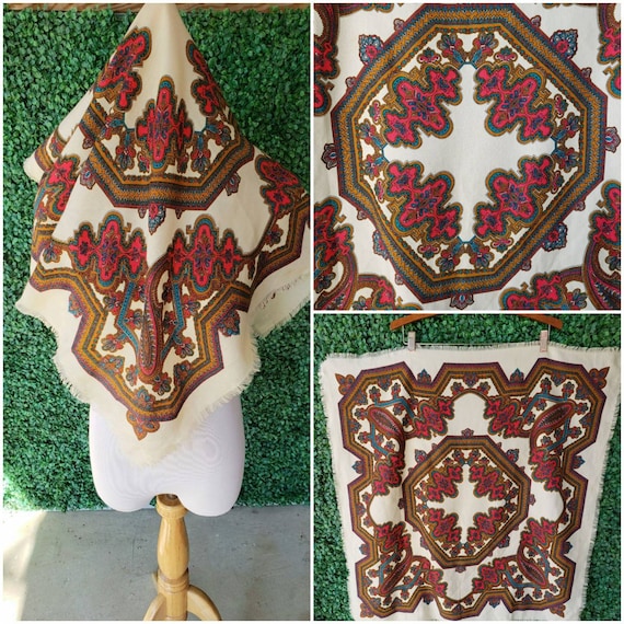 Vintage Square Scarf, Blue and Red Paisley Scarf,