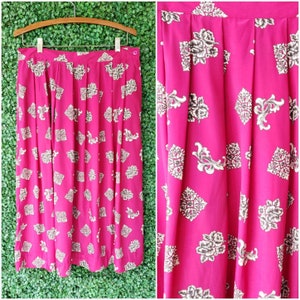 Vintage Pink Maxi Skirt, Magenta Full Pleated Maxi, French Floral Skirt with Pockets, Size XL