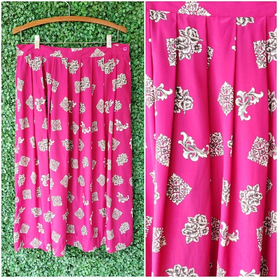 Vintage Pink Maxi Skirt, Magenta Full Pleated Maxi, French Floral Skirt with Pockets, Size XL