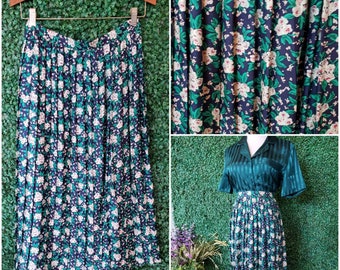 Vintage Silk Skirt, Poppy Flowers, Blue and Green, Pleated Midi High Waisted Skirt, Colorful Vintage Skirt