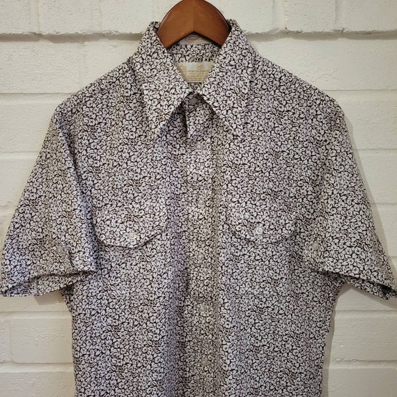 70s Tiki Button Up, Brown Hawaiian Floral Vintage, Short Sleeve