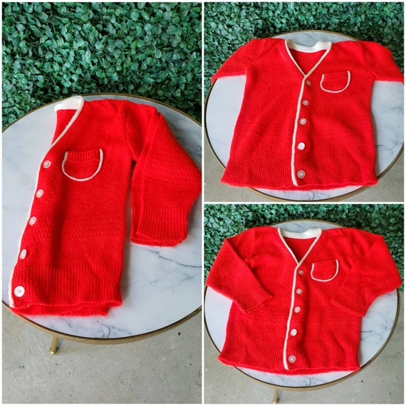 60s Cardigan, Red-Orange with Cream Piping, Vintag