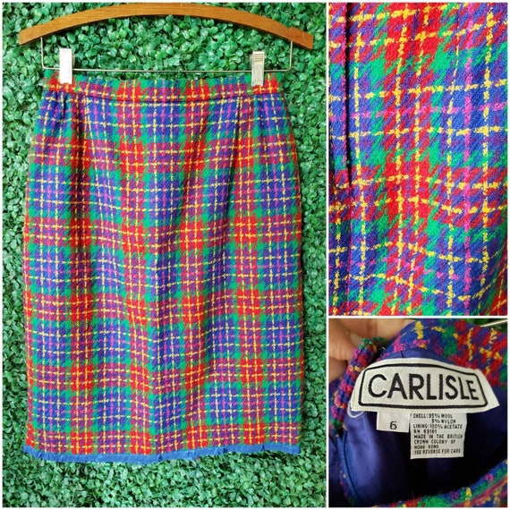 Vintage Tweed Pencil Skirt, Multicolor Plaid, Colorful