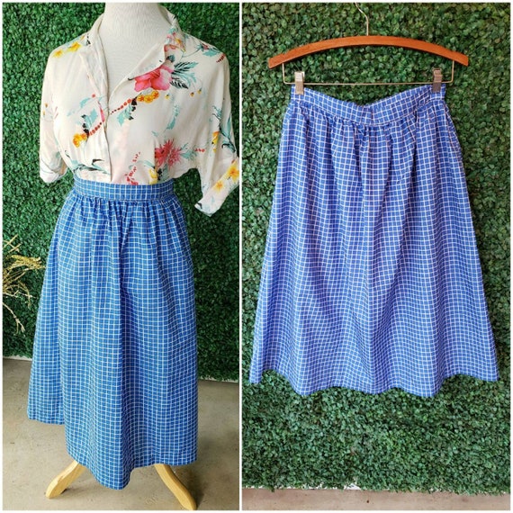 Vintage A-line Skirt, Bright Blue with White Grid Pattern