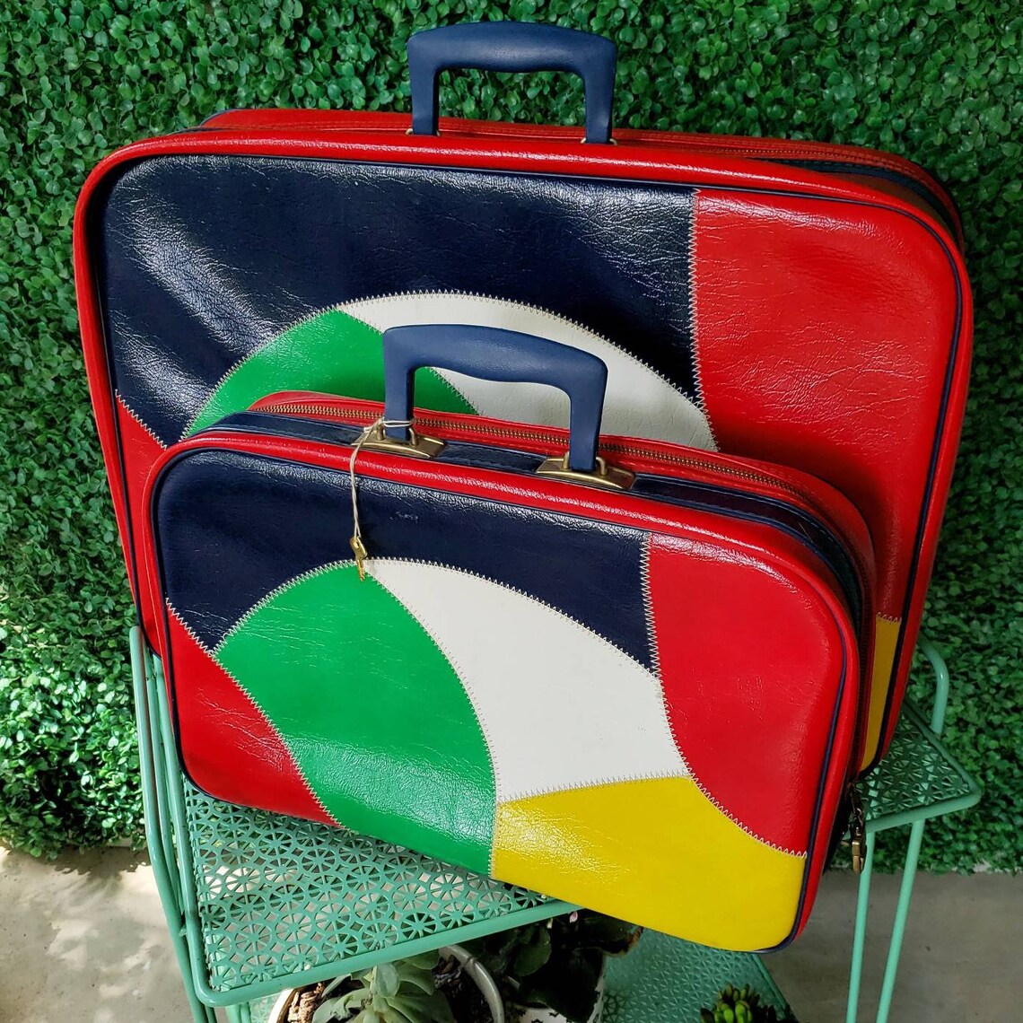 Vintage Suitcase Set Midcentury Color Block Patent Etsy