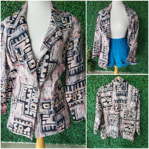 Vintage Blazer, 80s, 90s Pastel, Watercolor Art, Lightweight Jacket, Large