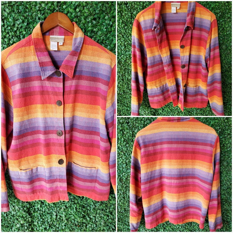 Vintage Rainbow Linen Jacket Desert Sunset 90s Vintage Color-block Multicolor Lightweight Jacket