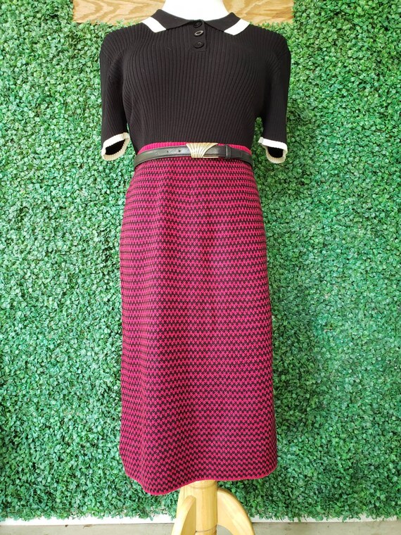 80s Vintage Skirt, Magenta Houndstooth, Knitted M… - image 4