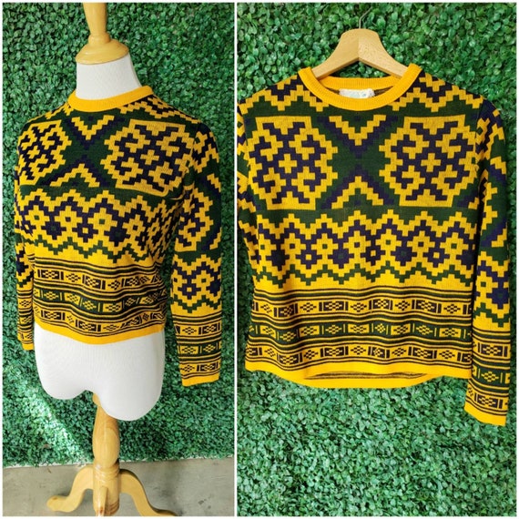 60s Knit Sweater, Mustard Yellow, Geometric Pattern, Mod Color Block Sweater