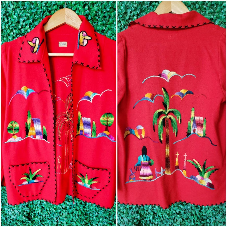 Red Wool Jacket 1940s Vintage Mexican Jacket Tourist Jacket Rainbow Embroidered
