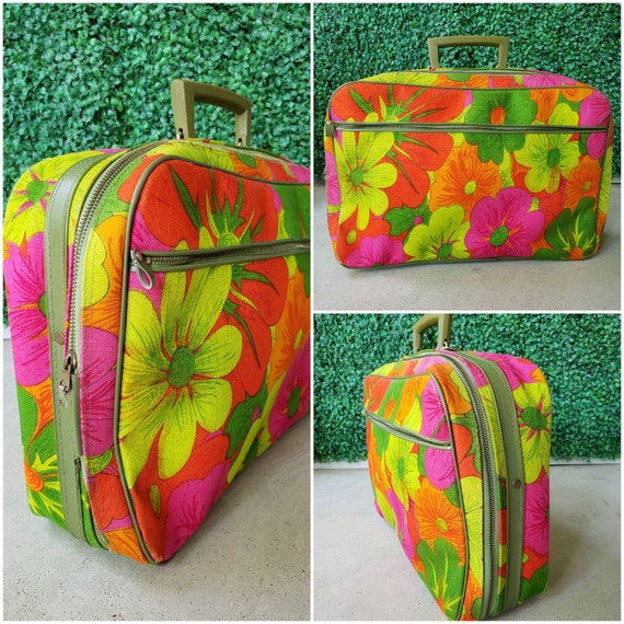Vintage Mid-Century Canvas Suitcase, 60s, 70s Vint