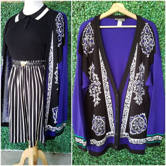Vintage Cardigan, Violet and Black Baroque Pattern, Women's 1X