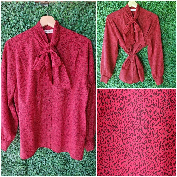 Vintage Bowtie Button Up, Red Animal Print, Long Sleeves, Secretary Blouse,  XL