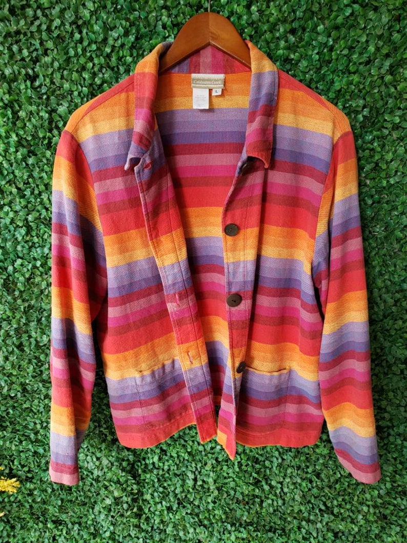 Vintage Rainbow Linen Jacket Desert Sunset 90s Vintage Color-block Multicolor Lightweight Jacket