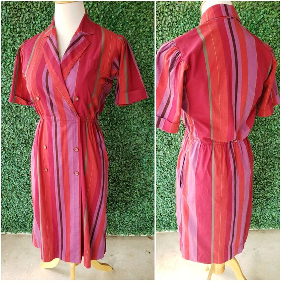 Vintage Dress, Wrap Cotton Day Dress, Striped, Colorblock