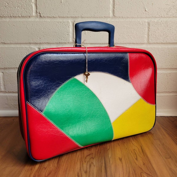 Vintage Carry-on Suitcase, Small Mid-Century Color Block Patent Leather Luggage