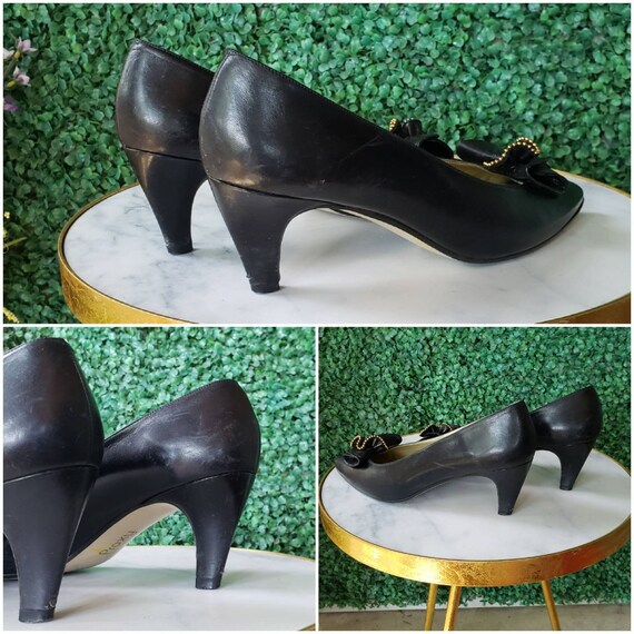 80s Vintage Pumps, Black Leather and Gold Heels, … - image 5