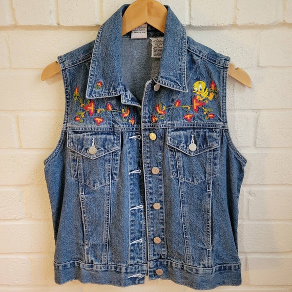 90s Vintage Tweety Denim Vest, Chain Stitch Embro… - image 1