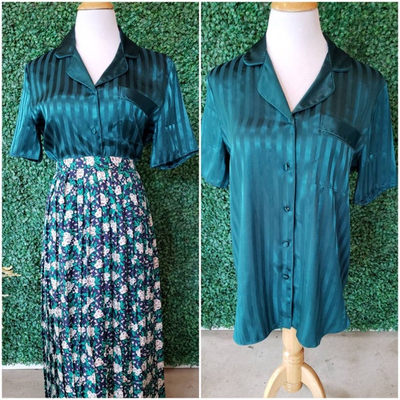 Vintage Satin Pajama Shirt, Emerald Green Striped Notch Collar Blouse