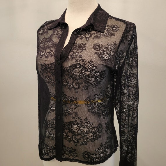Vintage Black Lace Button Up, Long Sleeve, Johnny Collar