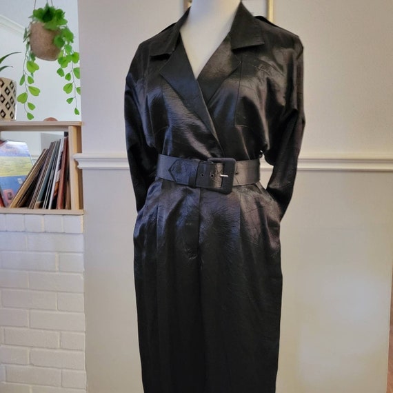 Vintage Satin Romper, Military Style Black Silky Button Front Jumpsuit, Belted