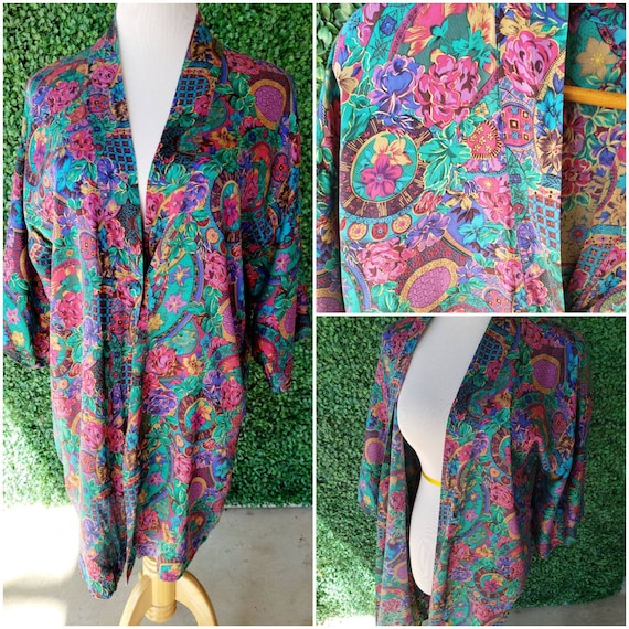 Vintage Silk Robe, Floral Kimono, 80s Baroque - image 1