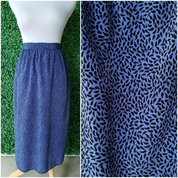 40s Vintage Skirt, Union Made, Bright Blue and Black Paisley Dot Print Midi Skirt, Violet
