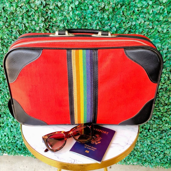 Vintage Rainbow Canvas Suitcase, 70s Vintage Carr… - image 2