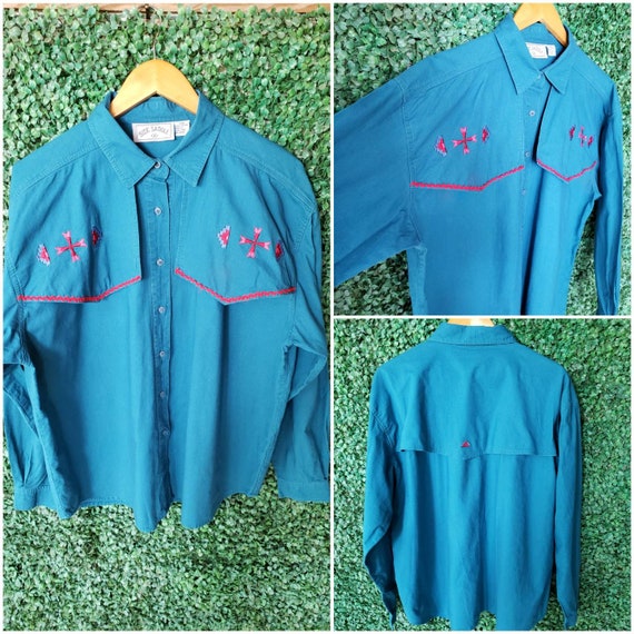 90s Country Western Shirt, Embroidered Rodeo Blouse, Teal and Pink Button Up