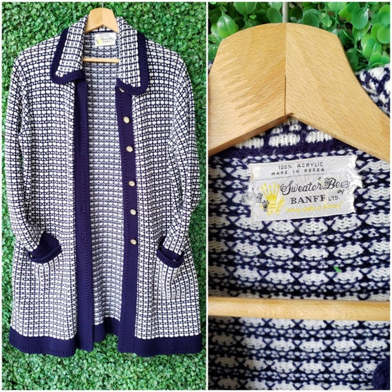 60s, 70s Vintage Cardigan, Midcentury Women's Long Button Up Sweater, Navy Blue and White