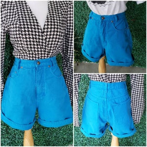 90s Vintage High Waisted Denim Shorts, Cerulean Blue, High Rise Non-Stretch Denim